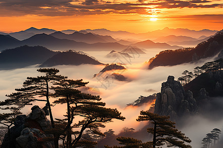 黄山日落夕阳下的黄山云海背景