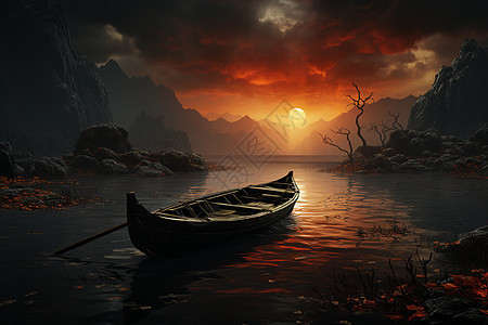 湖泊上的木船只图片