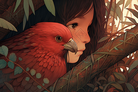 红鹦鹉与女孩在幽林图片