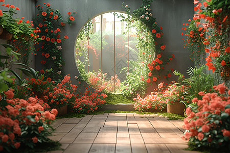 手绘花卉房间内的圆窗花卉背景
