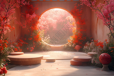 红花圆窗的房间图片