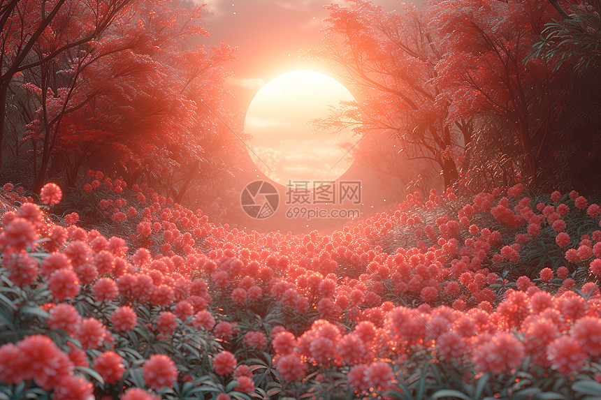 花海中的夕阳图片