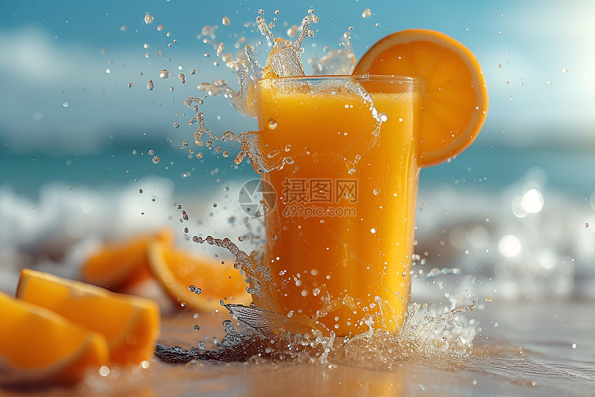 海滩上的橙汁图片
