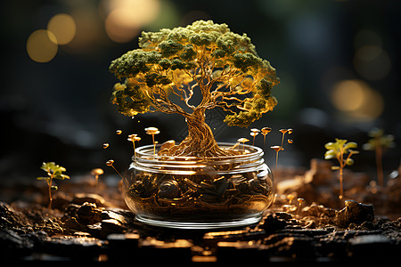 树木成长装满硬币的玻璃罐背景