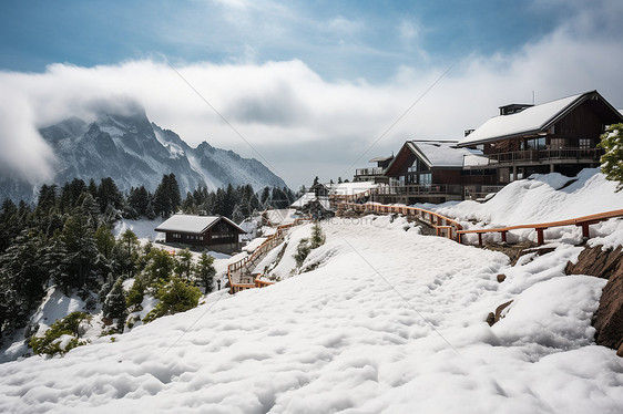 雪山上的房屋图片