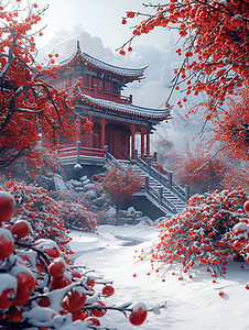 雪中的红墙图片