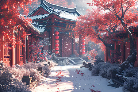 冬日殿堂中的红墙白雪图片