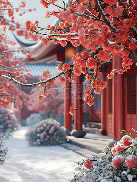 冬日红墙下雪景如画图片