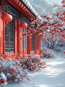 冬日梅花和建筑图片