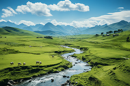 草地河流山水如画的风景背景