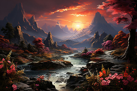 山涧夕阳花朵图片