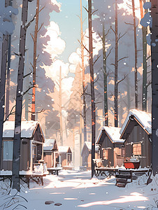 冬日森林中的小屋图片