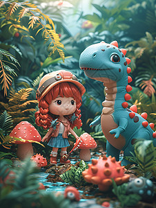 迷人的小女孩与恐龙玩具图片