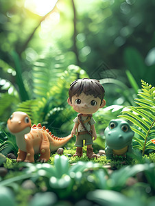 丛林里的小男孩和恐龙高清图片