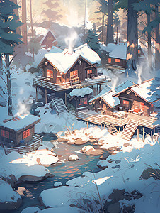 雪中的小屋与流水图片