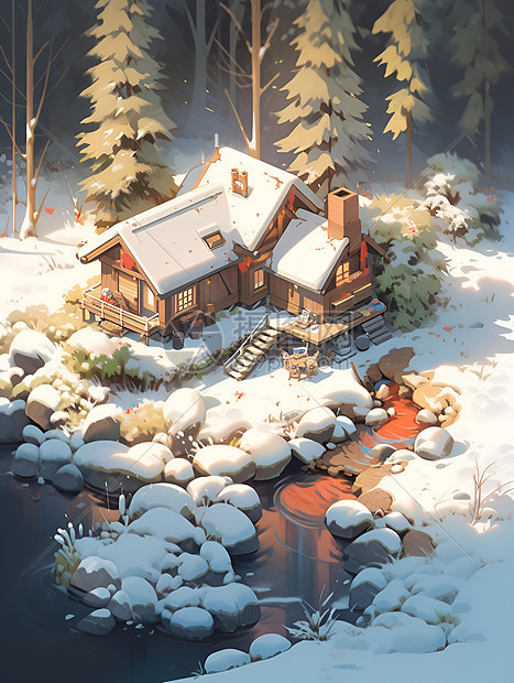 冬日溪流旁的乡村小屋图片