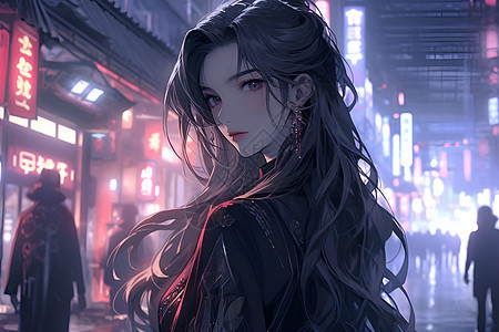 夜晚街道中的女子背景图片