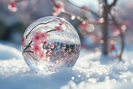 雪花透明雪中的梅花水晶球背景