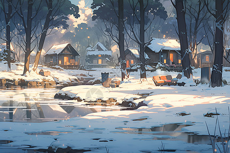 冰雪中的小屋背景图片