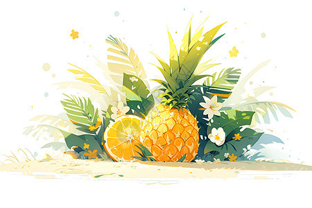 热带沙滩上的菠萝图片