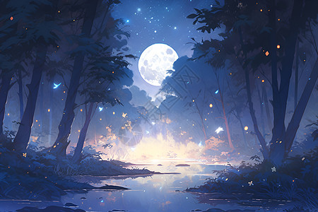 月夜森林插画图片