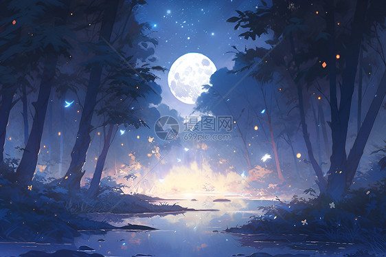 月夜森林插画图片