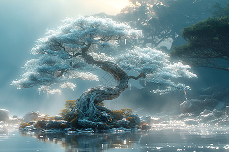 水面上的梦幻大树倒影图片