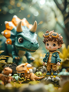 丛林中的小男孩与恐龙玩具图片