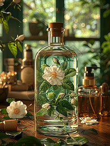 瓶子里的白色花朵图片