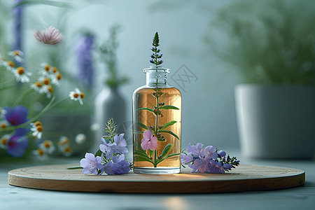 花朵旁的玻璃瓶子图片