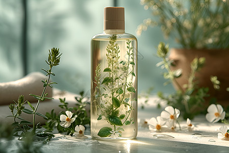 透明瓶子里的液体和花朵背景图片
