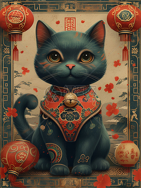 招财猫与中国元素相映衬图片