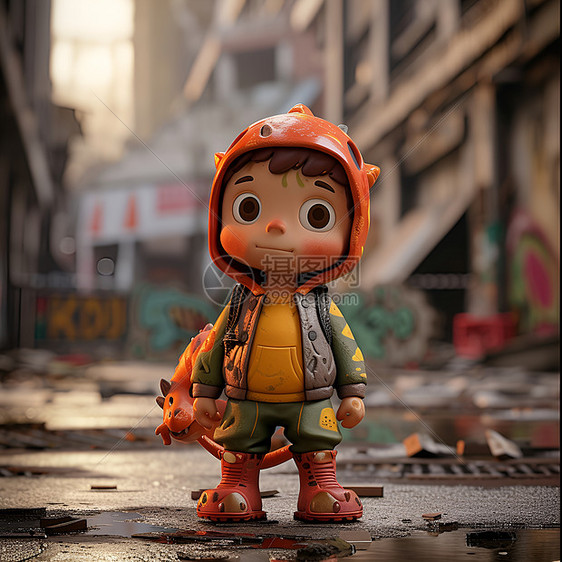 小男孩在破败的都市废墟背景中图片