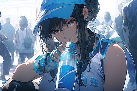 穿着蓝色运动装的女孩伸出一个饮水瓶图片