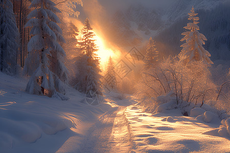 阳光照耀下的晶莹雪景背景