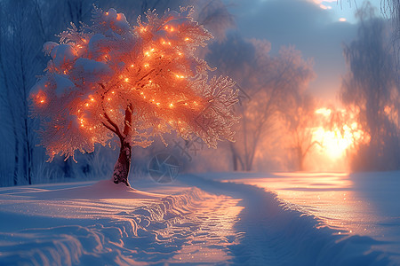 白雪背景雪中树影背景