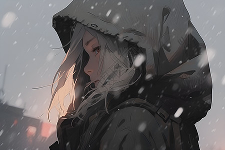 雪中思考的女孩图片