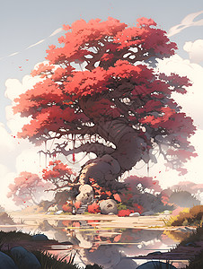红叶掩映的水彩大树背景图片