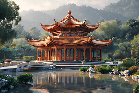 中国亭台前有一座池塘图片