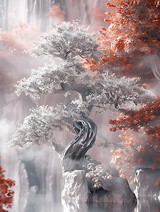 古韵梦境红白之树下的瀑布图片