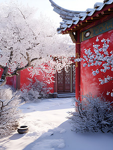 中式花园冬日红墙下的雪景背景