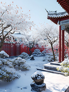 中国宫殿中的雪景高清图片