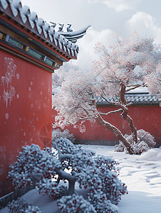 中国宫殿中的雪景红墙图片