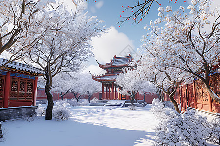 冬天背景中国宫殿的雪景背景