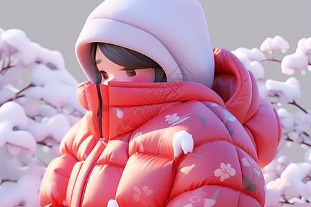 红衣少女与雪树图片