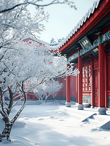 中国宫殿的雪景背景图片