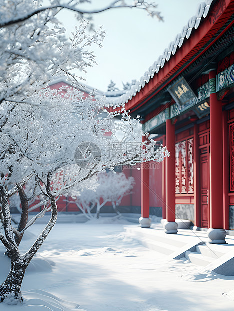 中国宫殿的雪景图片