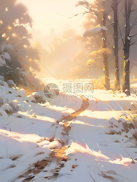 阳光照射下雪景图片