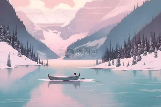冬日湖水轻舞孤独独航小舟图片