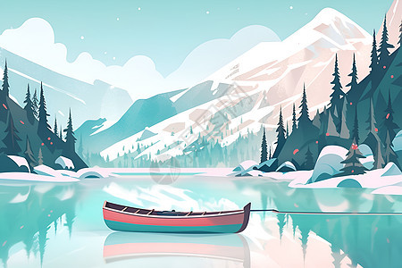 寂静冬日的湖上一艘孤独的独木舟背景图片